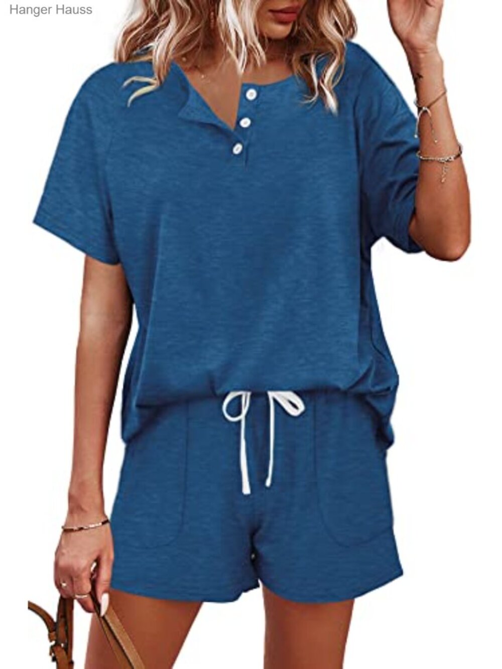 Two Piece Lounge Set with Button Down Top and Shorts with Pockets